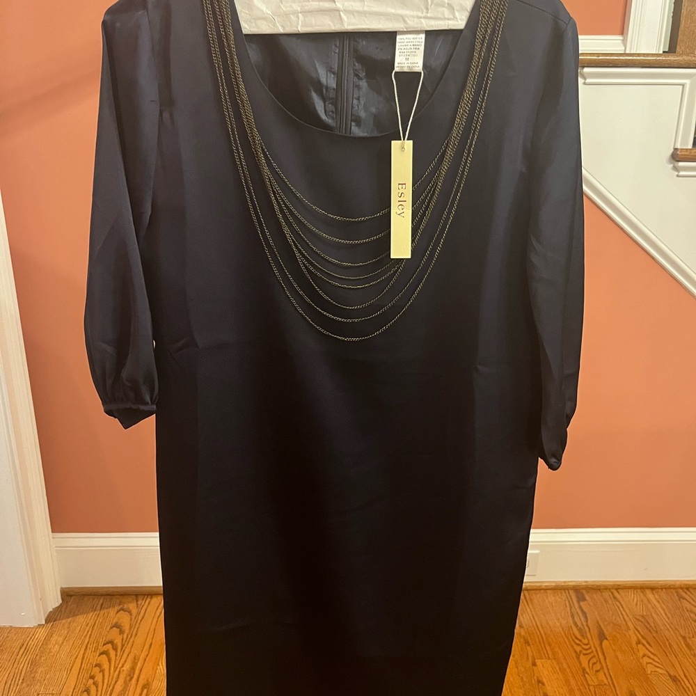 Esley Navy Sheath Dress with Puff Sleeves